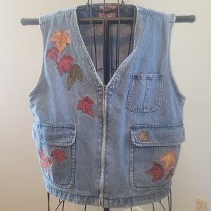 Vintage Women's Cambridge Country Store Embroidered Leaves Jean Vest Size Large